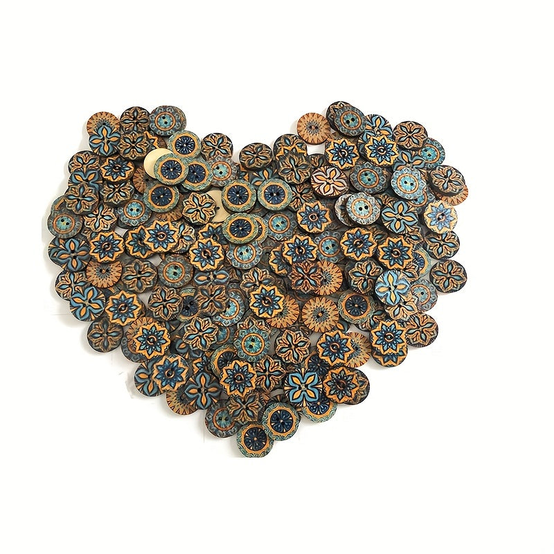 100pcs Wooden Sewing Buttons Flower Painting Round 2 Hole Bohemian Buttons