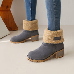 Women's Plush Lined Ankle Boots Thermal Round Toe Chunky Heeled Boots
