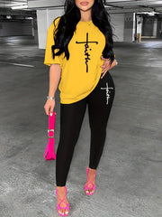 Faith Letter Print 2 pc Set Crew Neck Short Sleeve Tops & Long Slim