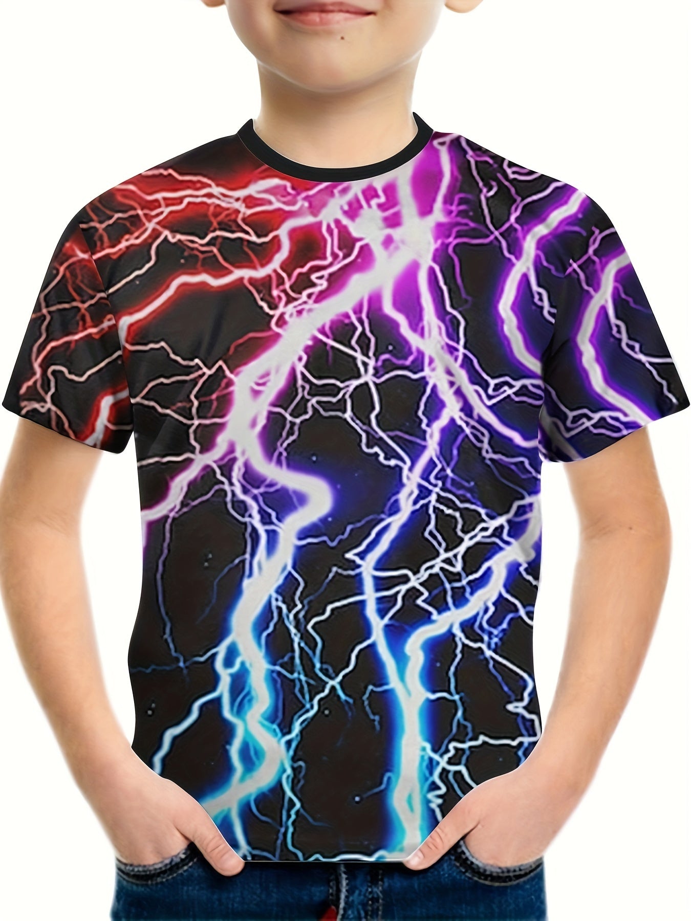 Lightning 3D Print Boy's Short Sleeve T shirt Breathable Round Neck Top