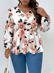 Floral Print Lantern Sleeve V Neck Ruffle Trim Bow Blouse