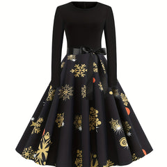 Snowflake Print Knot Front Long Sleeve Round Neck A line Maxi Dress