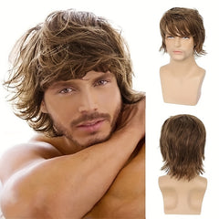 European American Men's Wig Golden Curly Hair 12 Inch