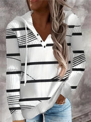 Stripe Print Drawstring Hoodie Button Front Long Sleeve Hoodies