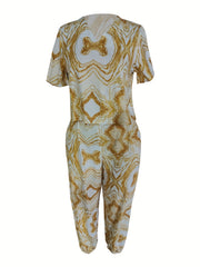 Marble Print Casual Two Piece Set Tee & Pants Outfits