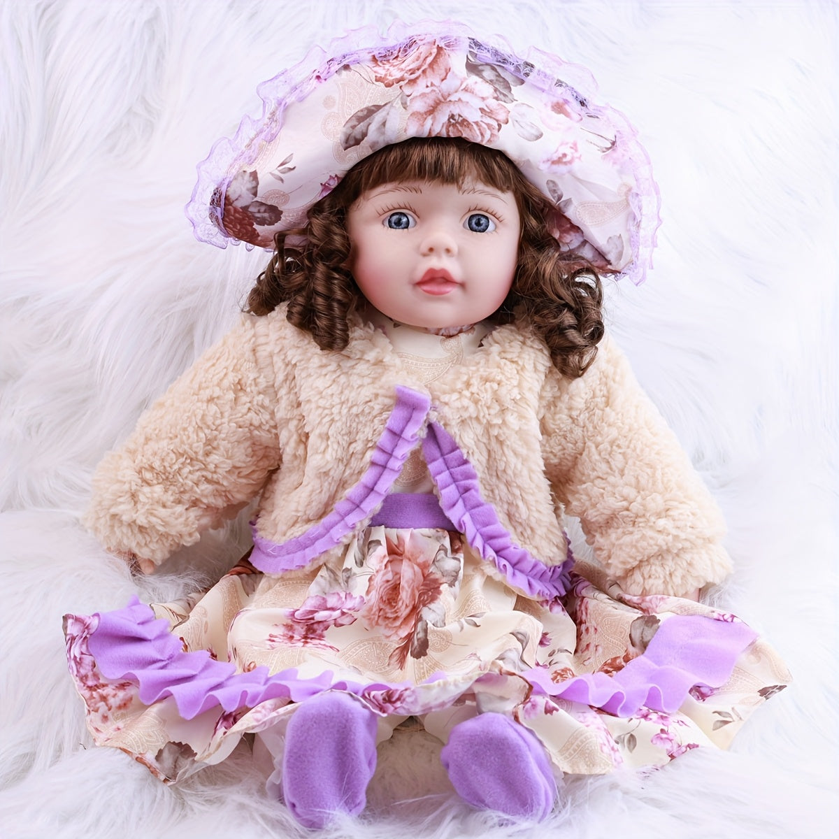 Realistic Reborn Baby Doll in Purple Floral Dress with Bunny Soft Body