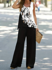 Floral Print Block Top & Solid Wide Leg Pants Set