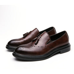 Men's Pointed Toe Brogue Faux Leather Tassel Dress Shoes