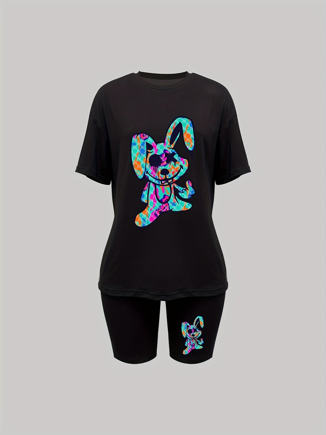 Cartoon Print Two Piece Outfit Short Sleeve T Shirt & Shorts