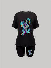 Cartoon Print Two Piece Outfit Short Sleeve T Shirt & Shorts