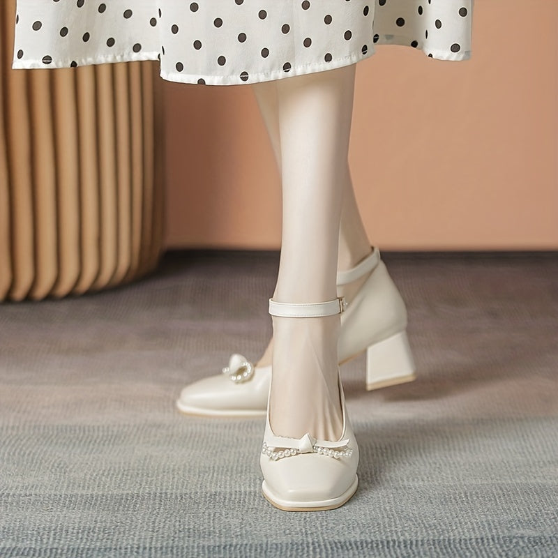 Faux Pearl Bowknot Chunky Heeled Dress Shoes Ankle Strap Mid Heels