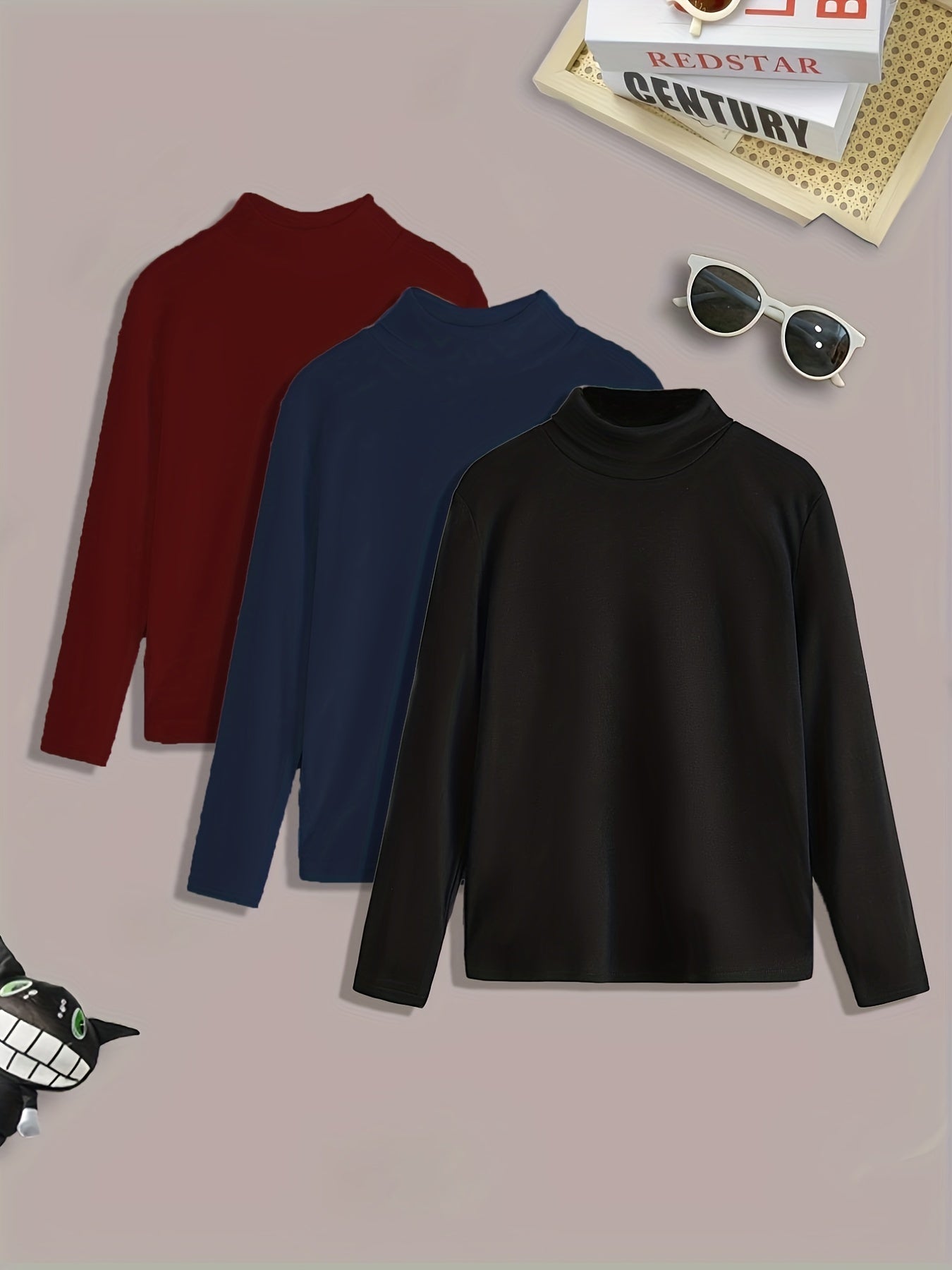 3pcs Boys Solid Sweater Round Neck Long Sleeve Stretch Warm Knit Pullover Top