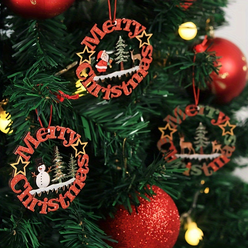 12pcs Wooden Christmas Tree Ornaments Cartoon Santa Claus Snowman