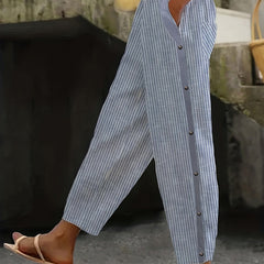 Striped Print Button Elastic Waist Trousers