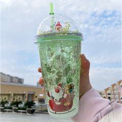 450ml Christmas Pattern Double Layered Straw Water Cup