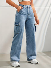 Wide Leg Cargo Jeans With Flap Pockets