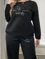 Women's Plus Size Letter & Butterfly Print Fleece Top & Pants Set