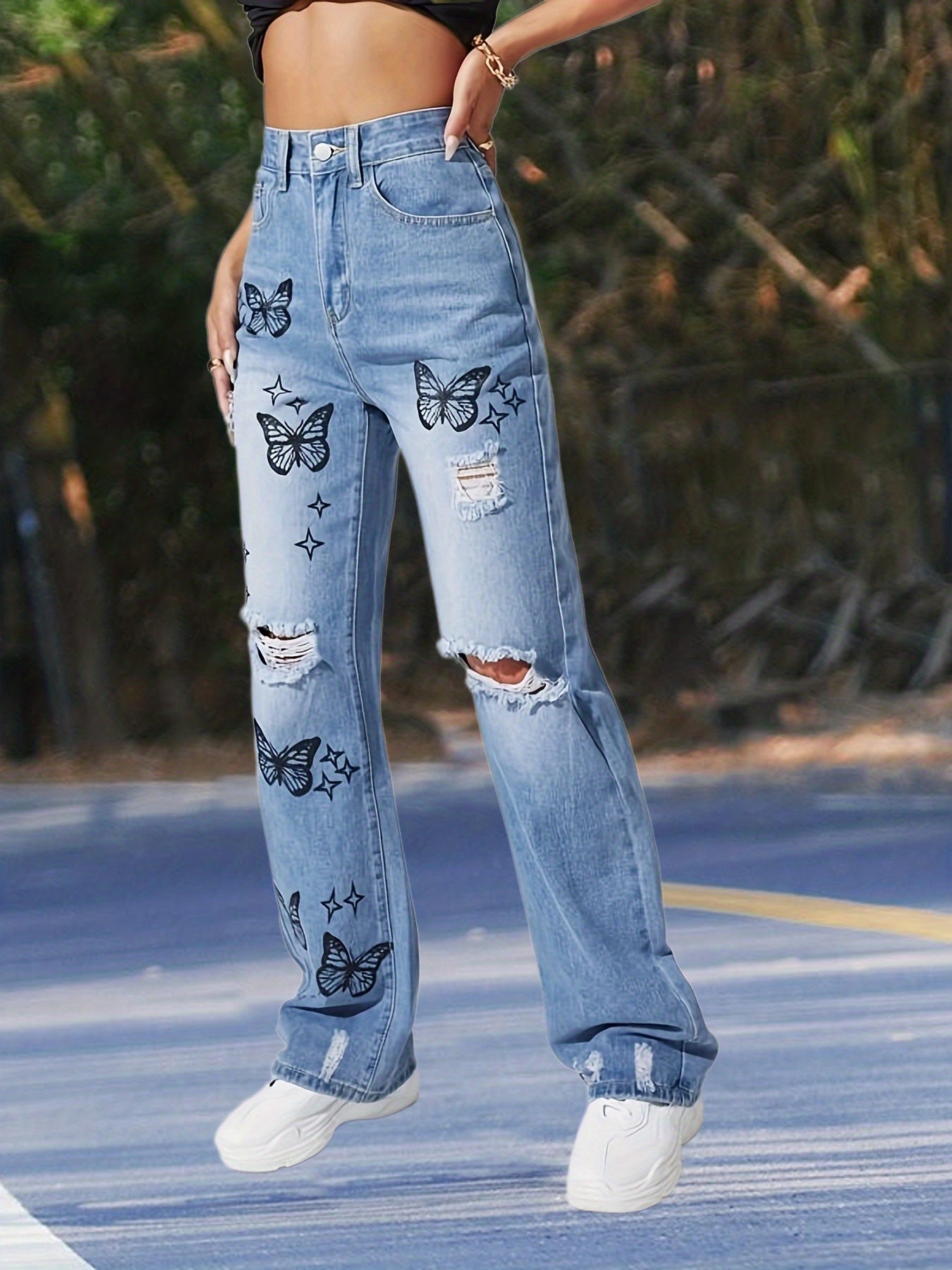Butterfly Print Straight Jeans Ripped Wide Leg