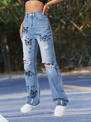 Butterfly Print Straight Jeans Ripped Wide Leg