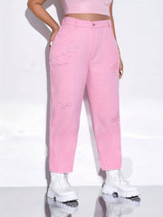 Pink Star Pattern Raw Seam Straight Jeans Loose Fit Non Stretch Casual Denim Pan