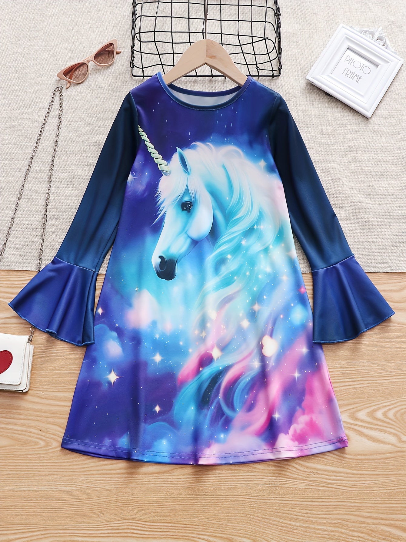 Dreamy Unicorn Graphic Crew Neck Long Sleeve Dress For Girls