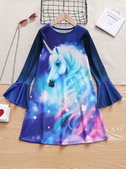 Dreamy Unicorn Graphic Crew Neck Long Sleeve Dress For Girls