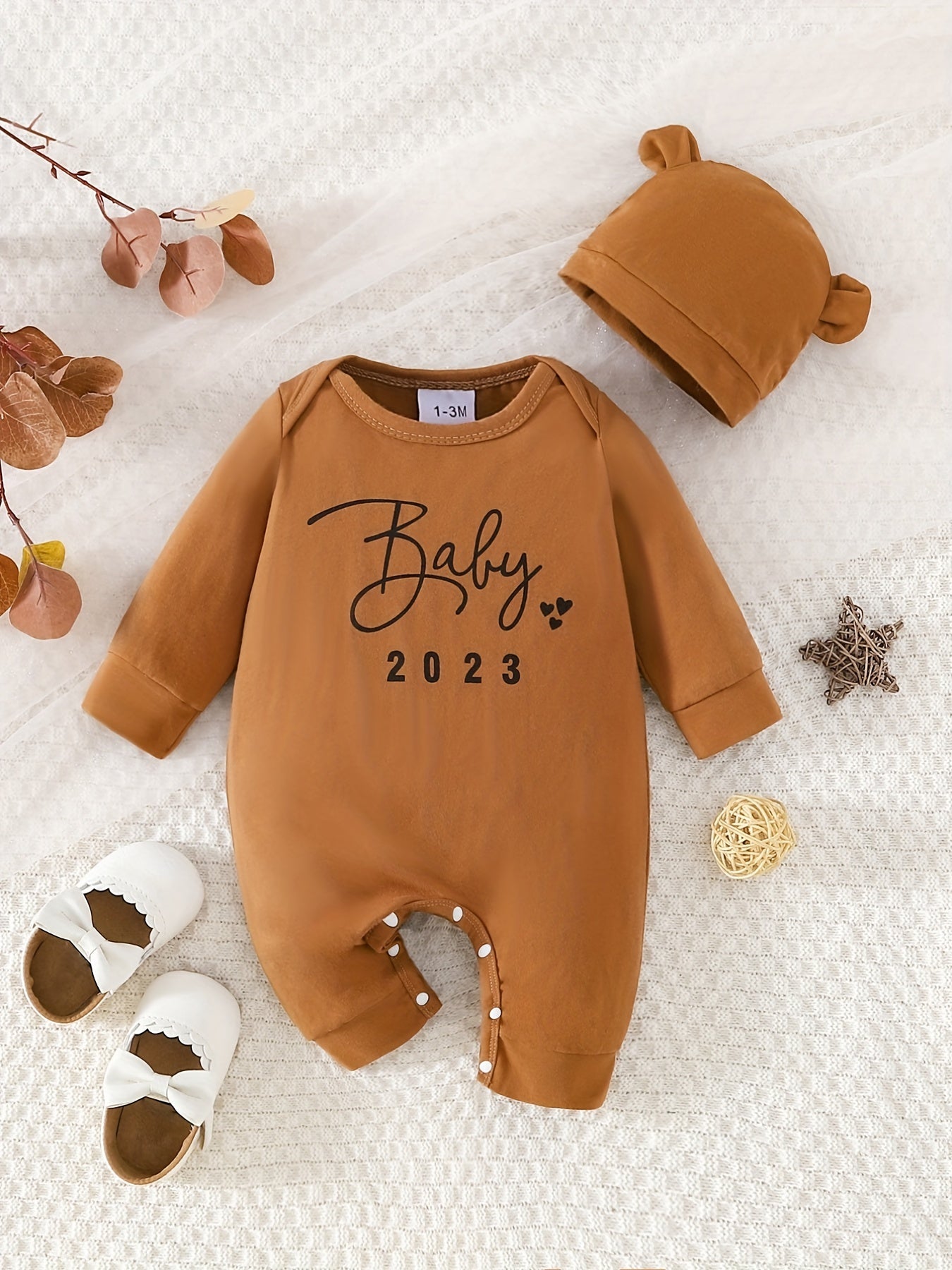 2pcs Newborn Baby Romper Long Sleeve Jumpsuit & Bear Ear Hat Set