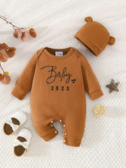 2pcs Newborn Baby Romper Long Sleeve Jumpsuit & Bear Ear Hat Set