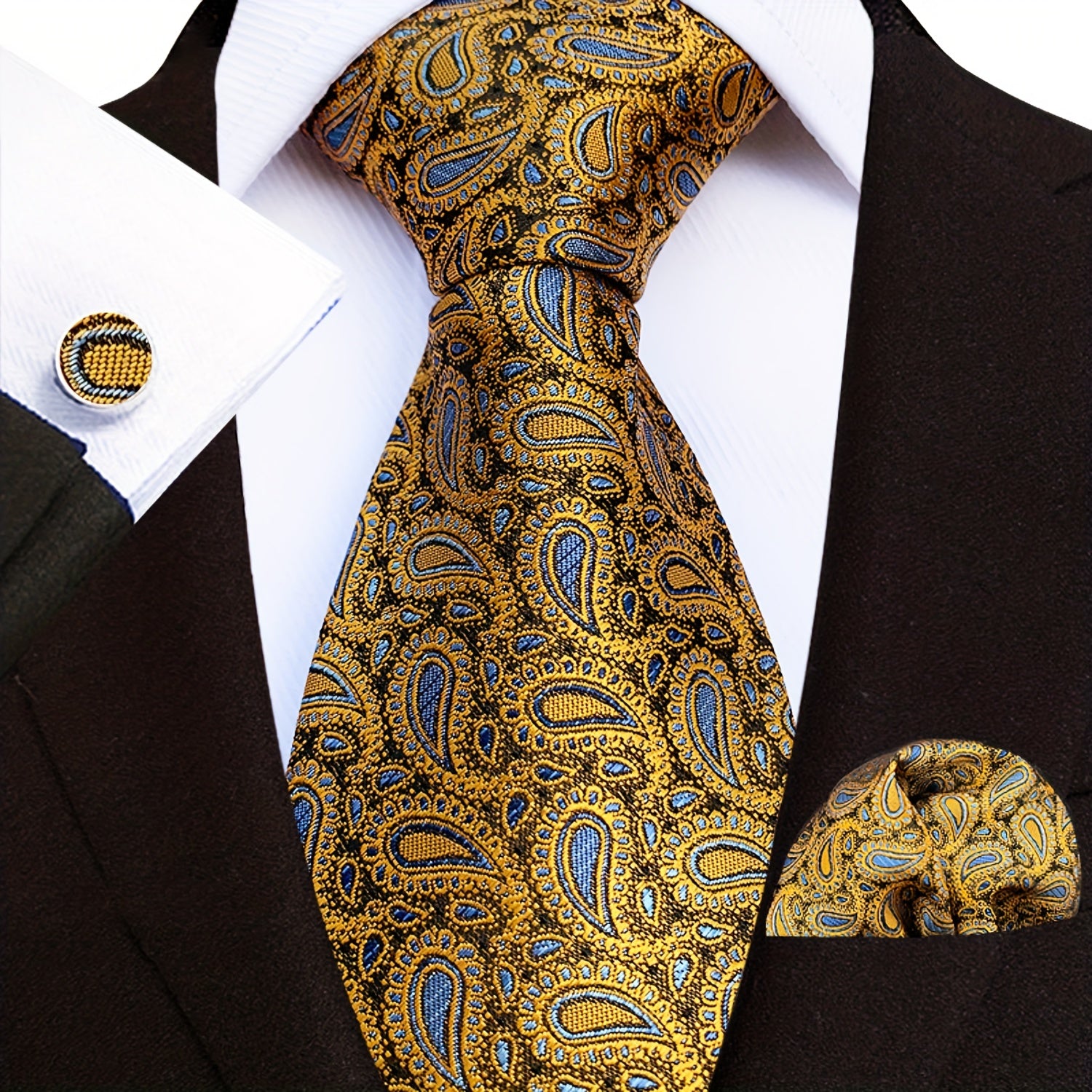 Men's Paisley Tie Jacquard Necktie Handkerchief Clip Set