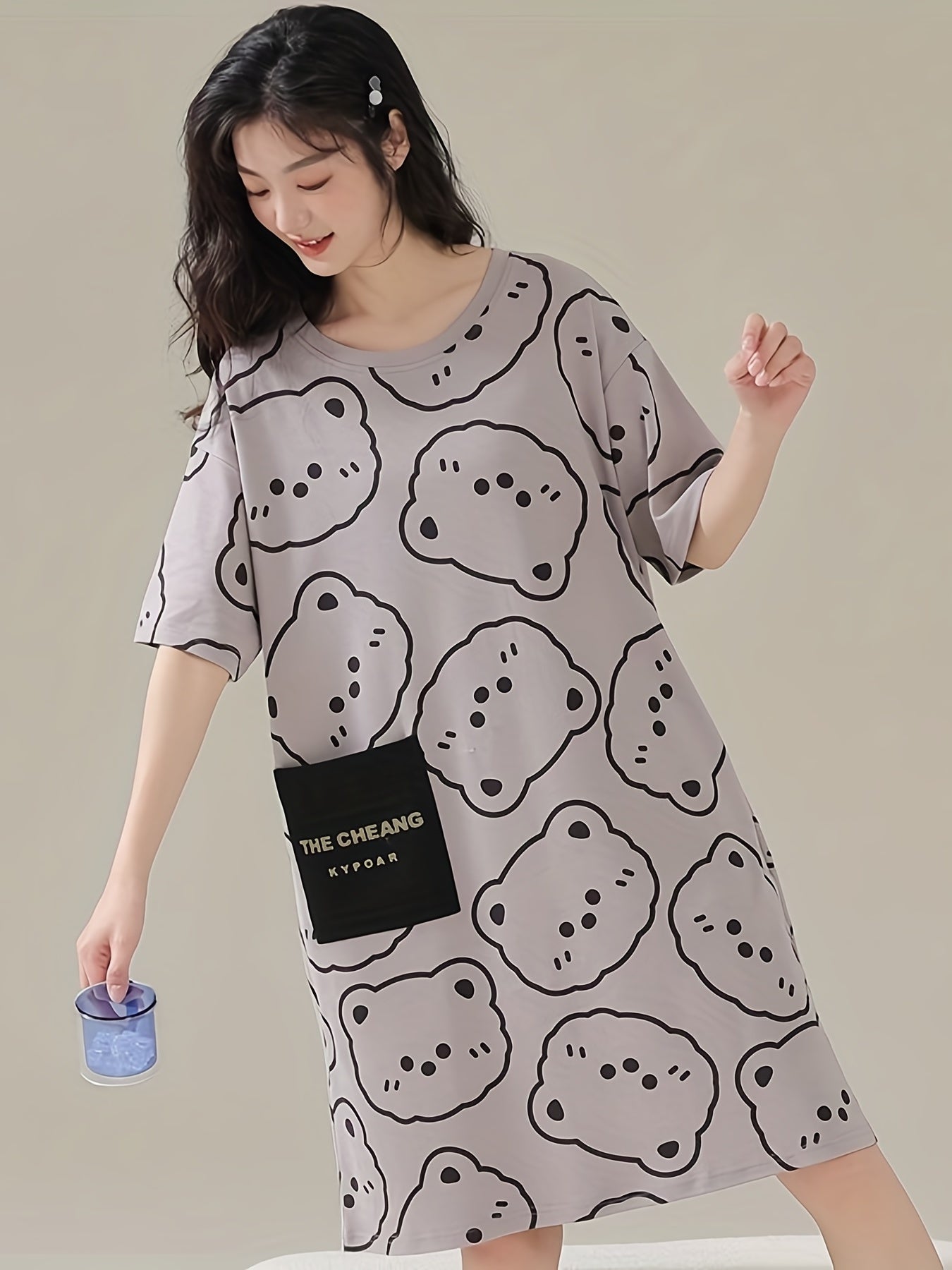 Bear Print NightDress Short Sleeve Pajama Dress Women's Sleepwear