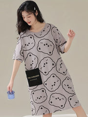 Bear Print NightDress Short Sleeve Pajama Dress Women's Sleepwear