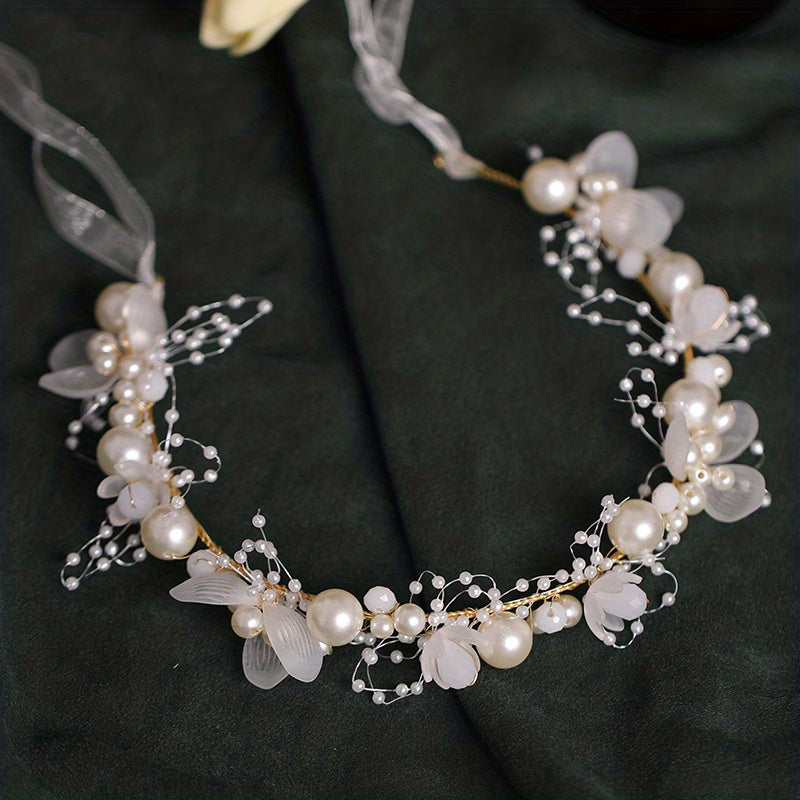 Pearl Floral Headband Golden Leaf Tiara Headgear