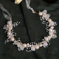 Pearl Floral Headband Golden Leaf Tiara Headgear