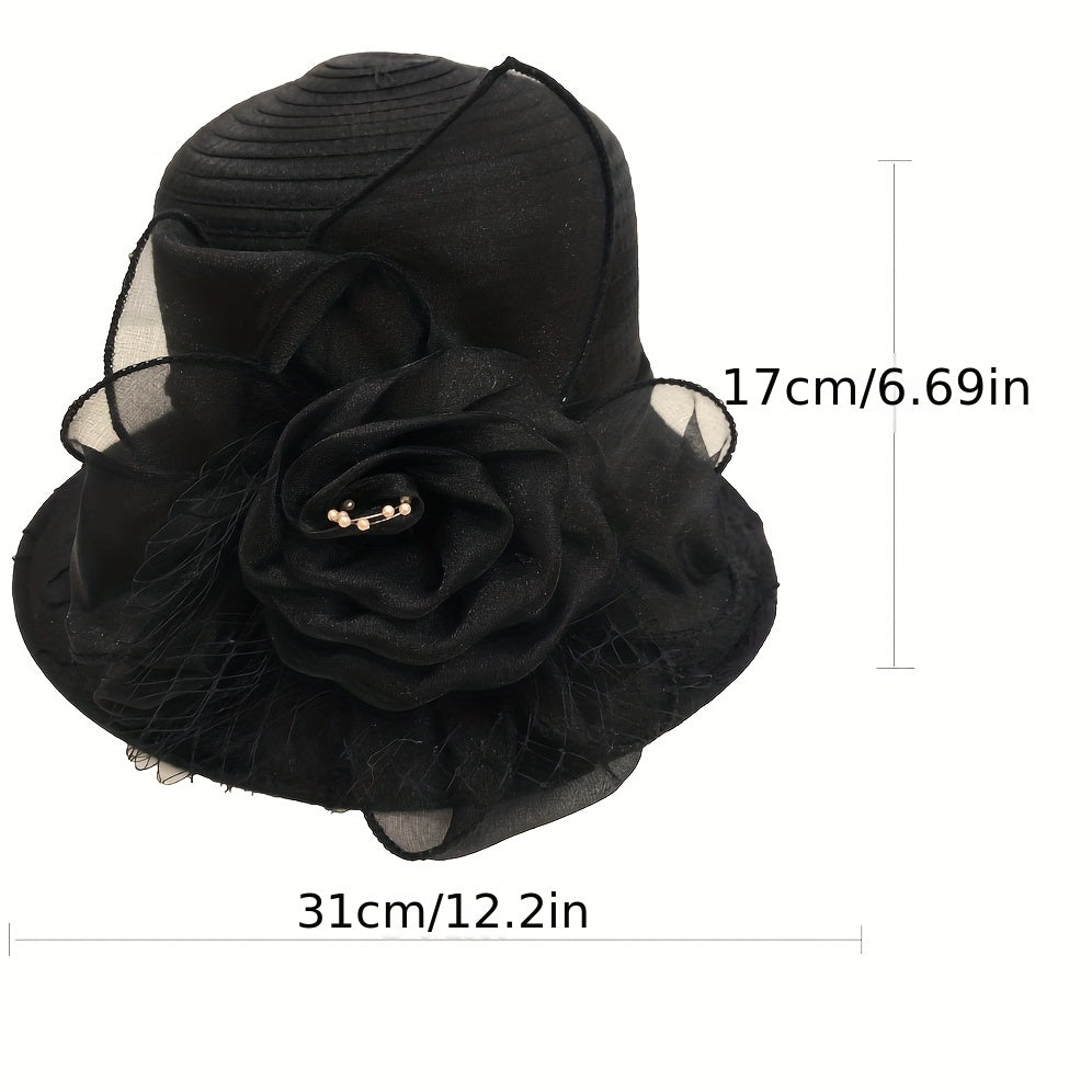 Embossed Organza Sun Hat Wide Brim Derby Hat Mesh Flower Decor