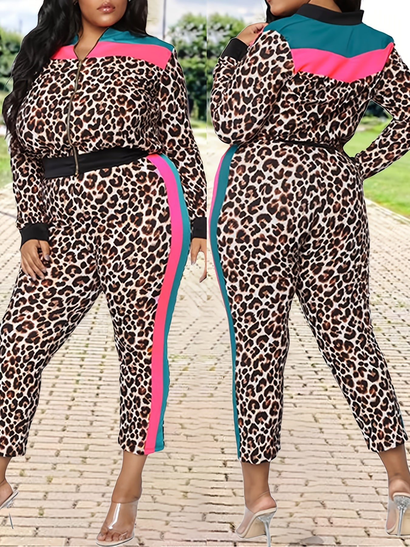 Leopard Print Zip Up Jacket & Pants Set Plus Size Casual Bodycon 2pcs Set