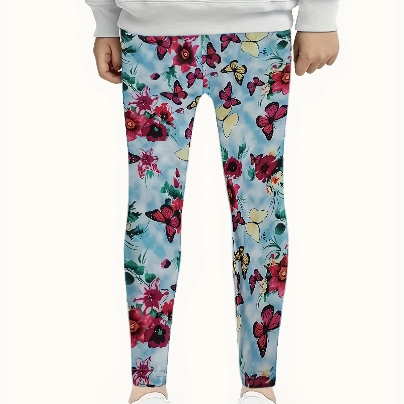 Butterfly & Flower Graphic Leggings Girls Comfy Leggings All Seasons Gift Sports