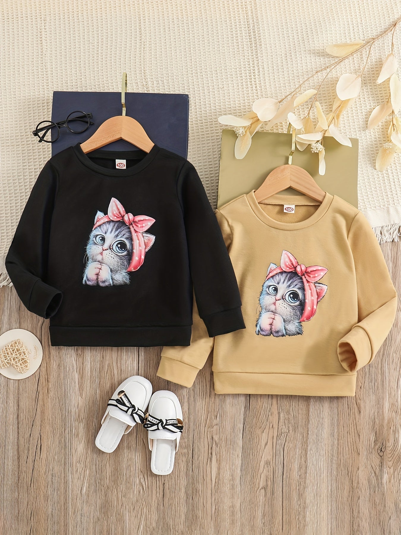 2pcs Girls' Cartoon Cat Round Neck Sweatshirt for Daily Casual