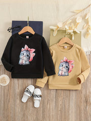 2pcs Girls' Cartoon Cat Round Neck Sweatshirt for Daily Casual