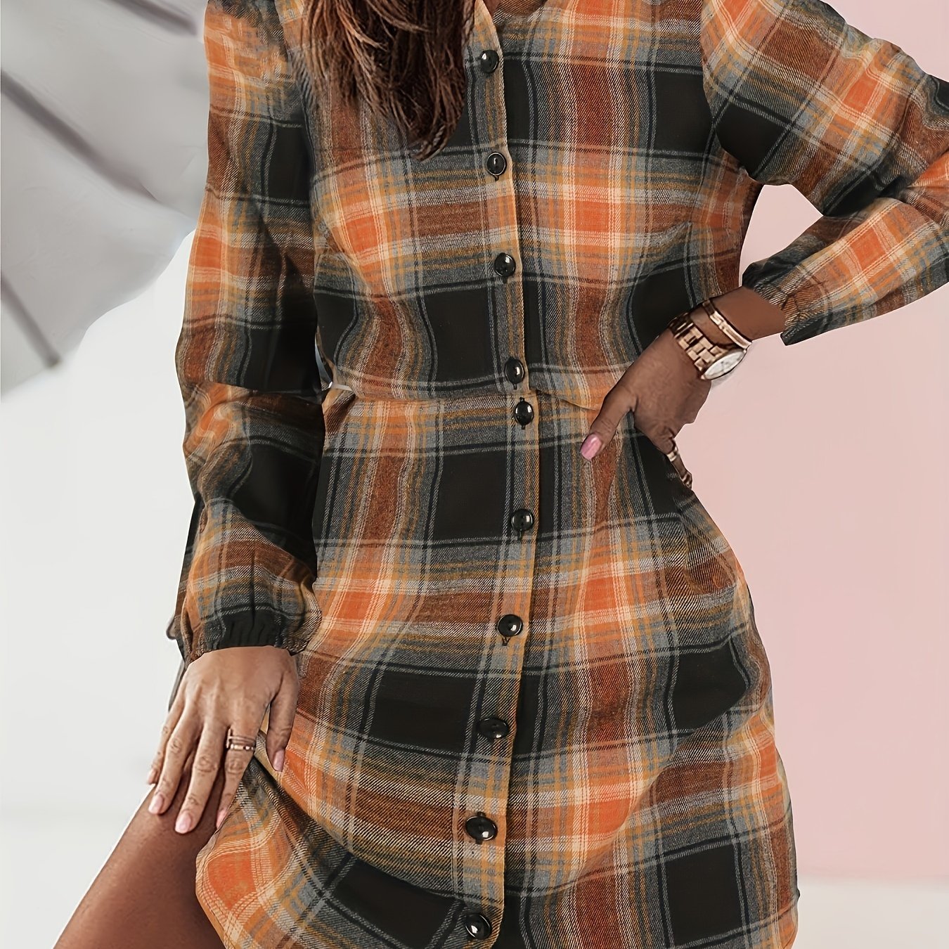 Plaid Print Shirt Dress Vintage Button Front Long Sleeve Dress Women's Clothing