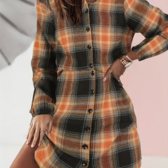Plaid Print Shirt Dress Vintage Button Front Long Sleeve Dress Women's Clothing