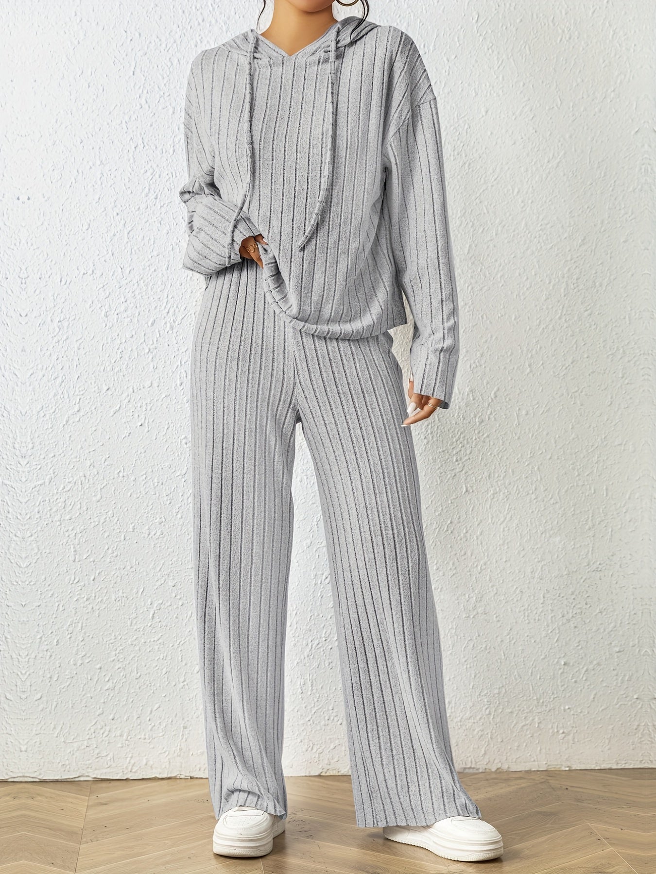 Solid Knit 2pc Set Long Sleeve Hoodie & Wide Leg Pants