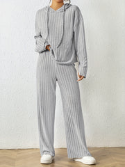 Solid Knit 2pc Set Long Sleeve Hoodie & Wide Leg Pants