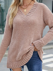Casual Sweater Women's Plus Solid V Neck Jumper