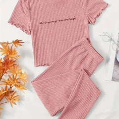 Letter Print Lounge Set Short Sleeve Top & Pants Women's Loungewear