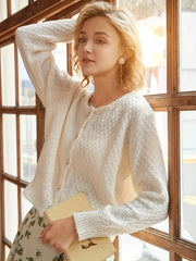 Solid Button Front Knit Cardigan Casual Crew Neck Long Sleeve Sweater