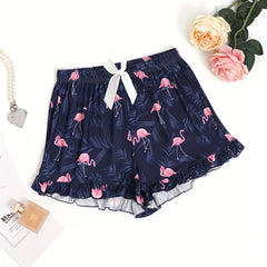 Flamingo Print Lounge Bottoms Elastic Waist Shorts Women's Sleepwear