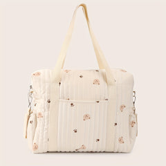 Bear Pattern Quilted Diaper Bag with Shoulder Strap & Stroller Hooks