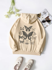 Butterfly & Letter Print Hooded Shirt Solid Drawstring Pullover