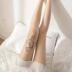Cartoon Print Mesh Pantyhose High Waist Semi Sheer Footed Pantyhose