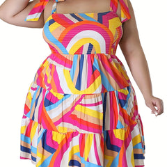 Women's Plus Abstract Print Ruffle Trim Smock Cami Dress